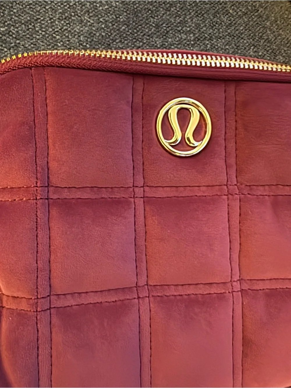 lululemon Quilted Crossbody Belt Bag — Burgundy Velour with Gold Hardware